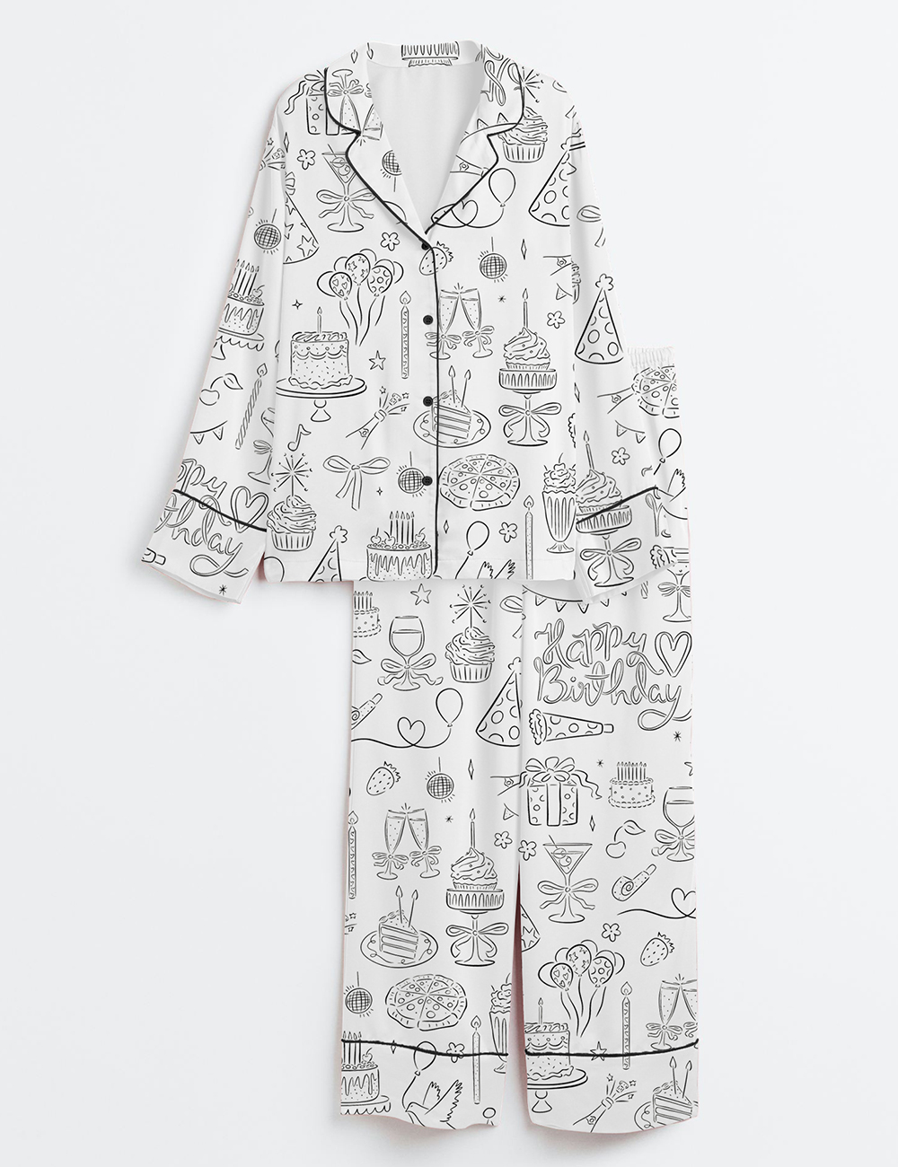 Women's Whimsical Birthday Hand Drawn Birthday Illustrations Party Doodles Birthday Celebration Long Sleeve Satin Pajama Set