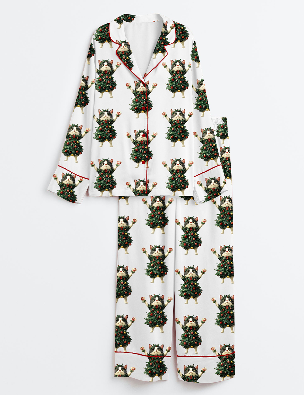 Women's Whimsical Cat Christmas Tree Cute Cat Lover Long Sleeve Satin Pajama Set