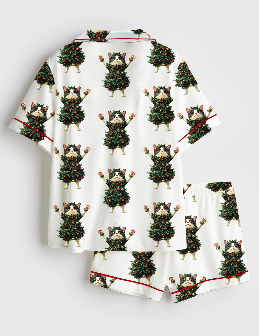 Alternative view of Women's Whimsical Cat Christmas Tree Cute Cat Lover Short Sleeve Satin Pajama Set