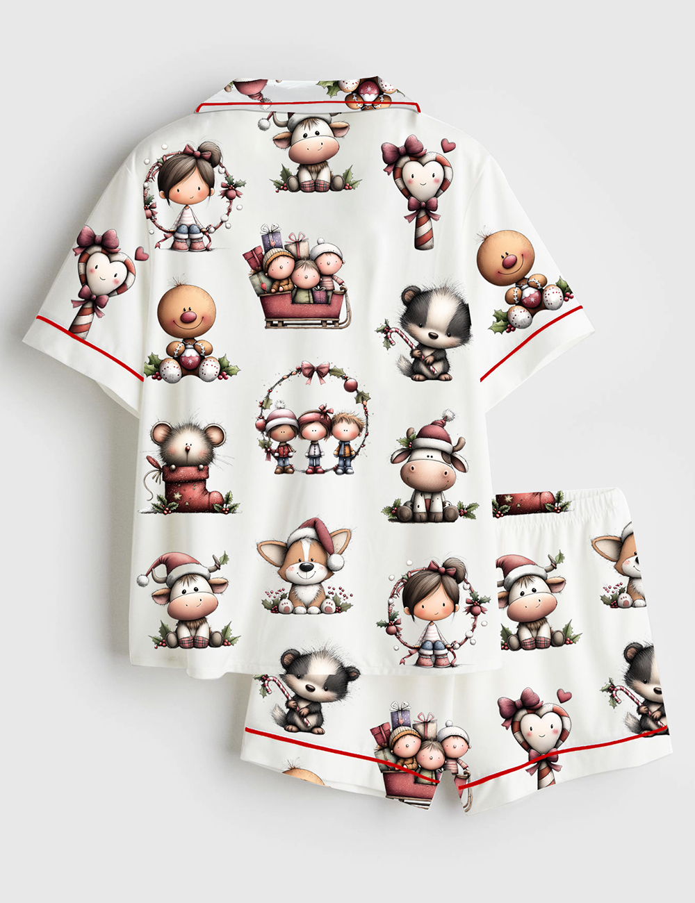 Alternative view of Women's Whimsical Christmas Animals Cute Holiday Christmas Elf Short Sleeve Satin Pajama Set