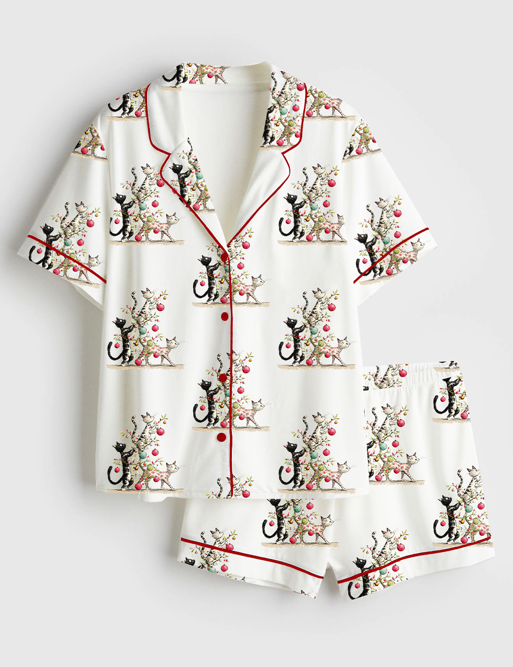 Women's Whimsical Christmas Cats Watercolor Catmas Cat Lover Short Sleeve Satin Pajama Set