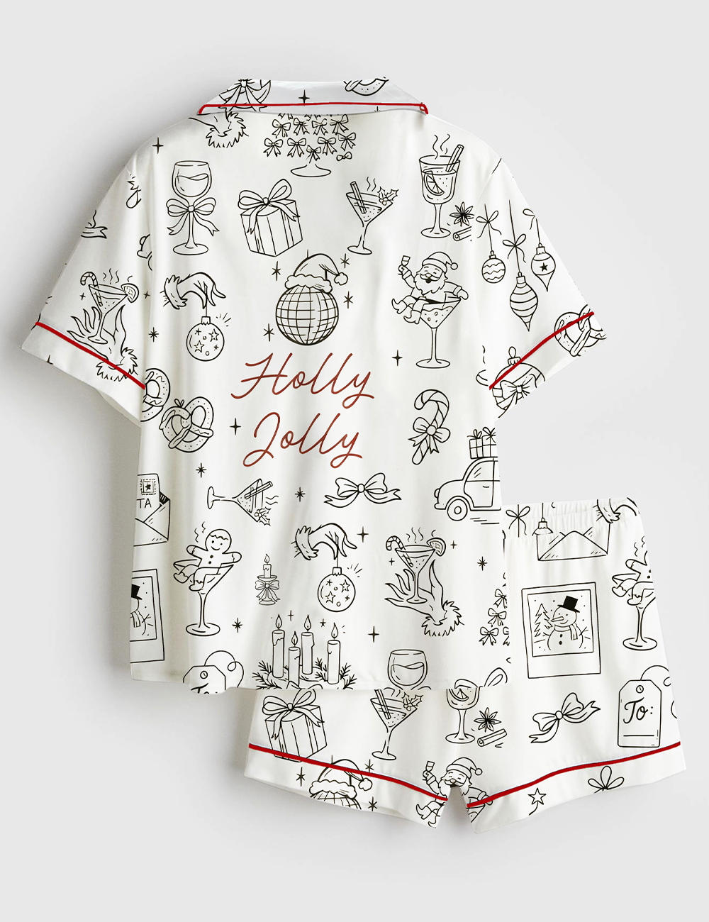 Alternative view of Women's Whimsical Hand Drawn Christmas Holiday Icons Holly Jolly Holiday Short Sleeve Satin Pajama Set