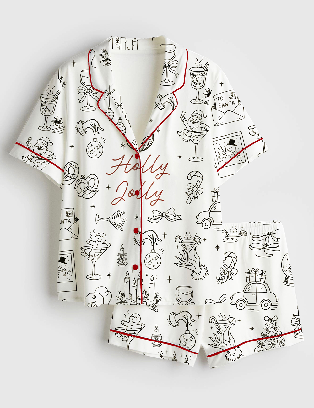 Women's Whimsical Hand Drawn Christmas Holiday Icons Holly Jolly Holiday Short Sleeve Satin Pajama Set