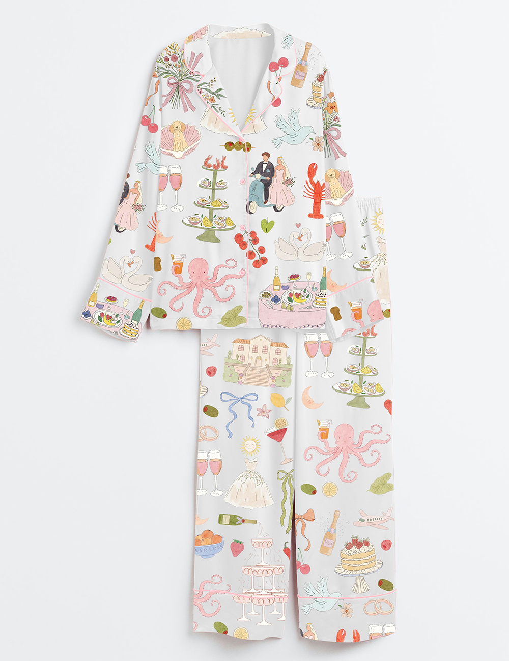 Women's Whimsical Hand Drawn Watercolor Wedding Dolce Vita Summer Print Long Sleeve Satin Pajama Set