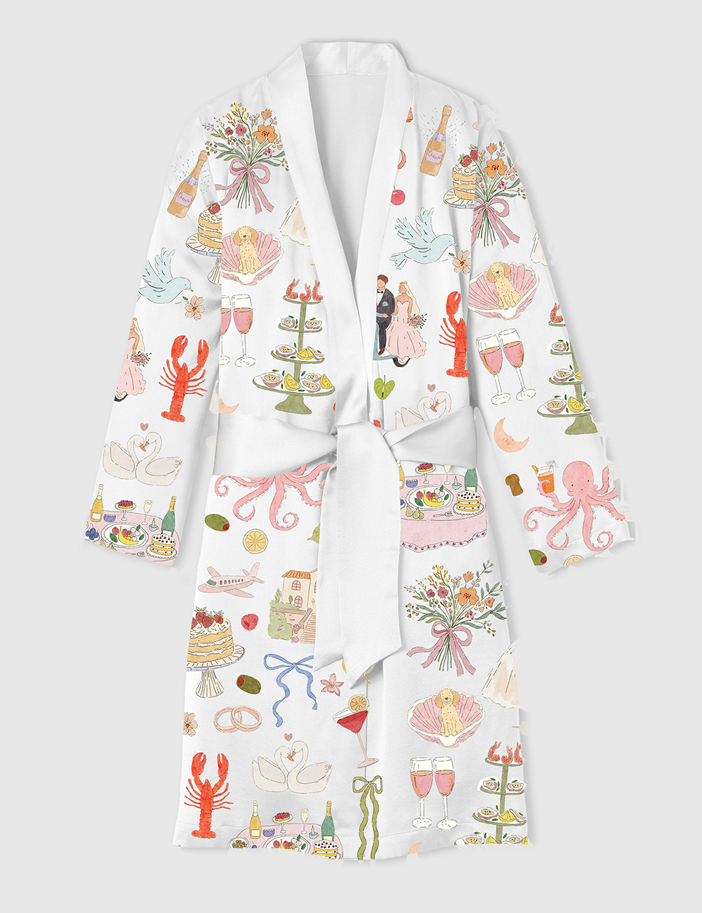 Women's Whimsical Hand Drawn Watercolor Wedding Dolce Vita Summer Print Satin Bathrobe