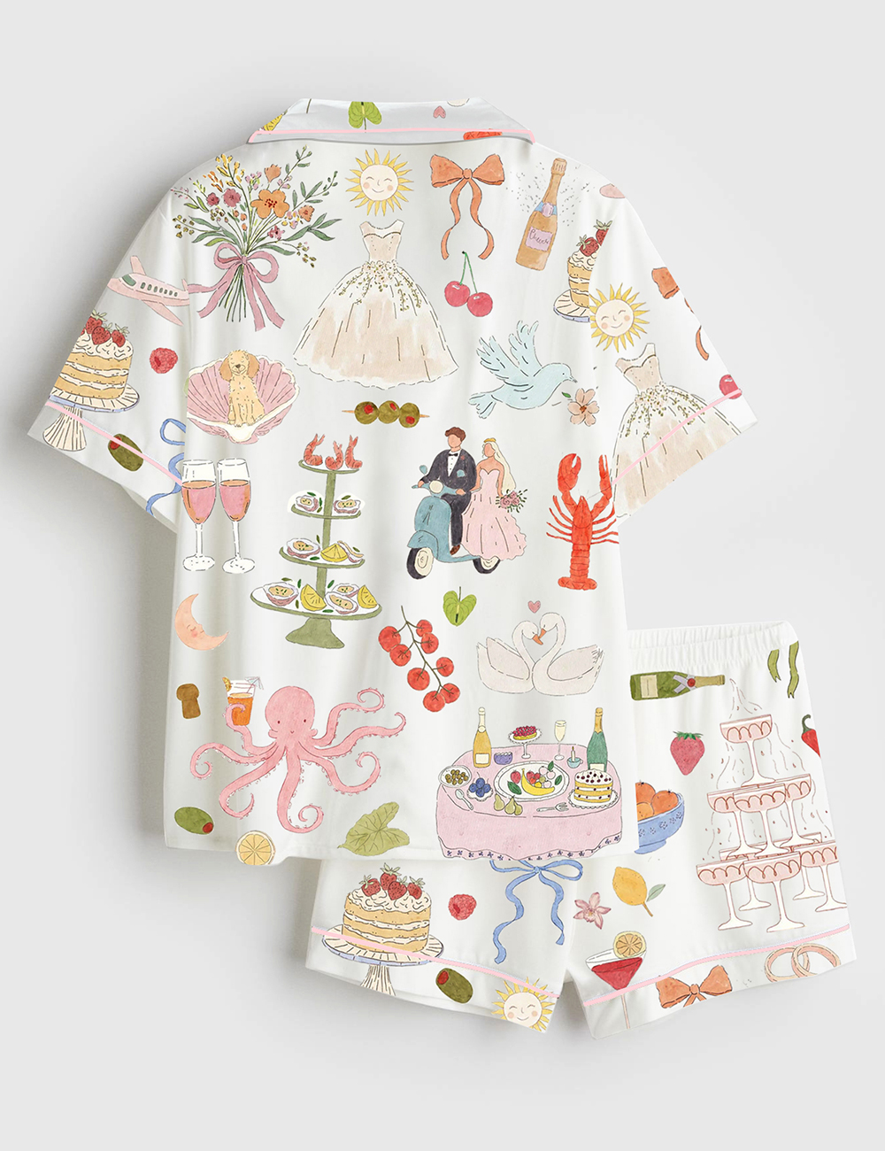 Alternative view of Women's Whimsical Hand Drawn Watercolor Wedding Dolce Vita Summer Print Short Sleeve Satin Pajama Set