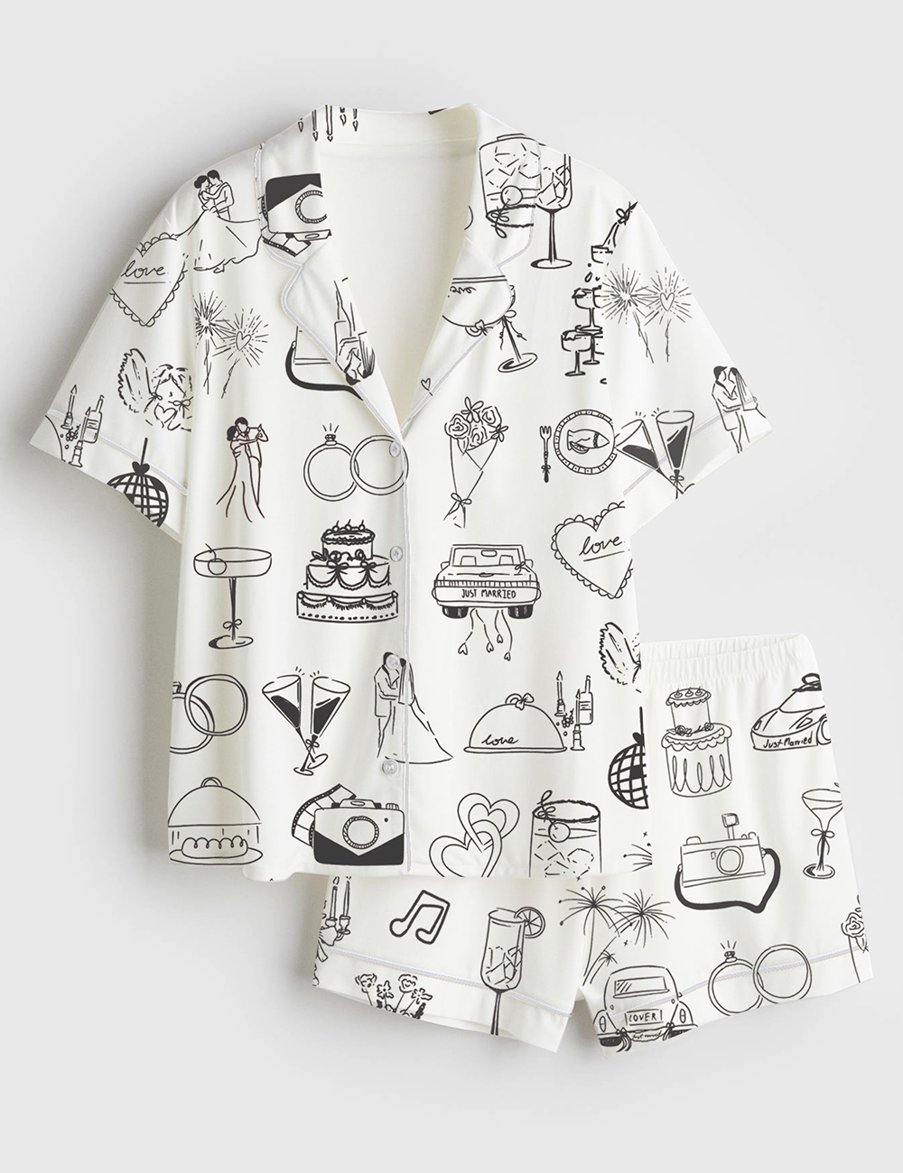 Women's Whimsical Hand Drawn Wedding Timeline Icons Champagne Wedding Print Short Sleeve Satin Pajama Set
