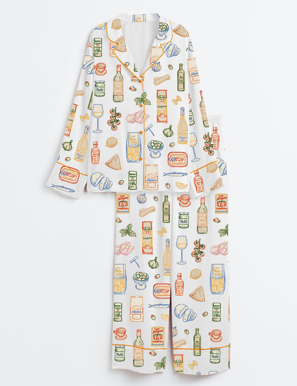 Women's Whimsical Ingredient Sketch Italian San Marzano Mediterranean Food Long Sleeve Satin Pajama Set