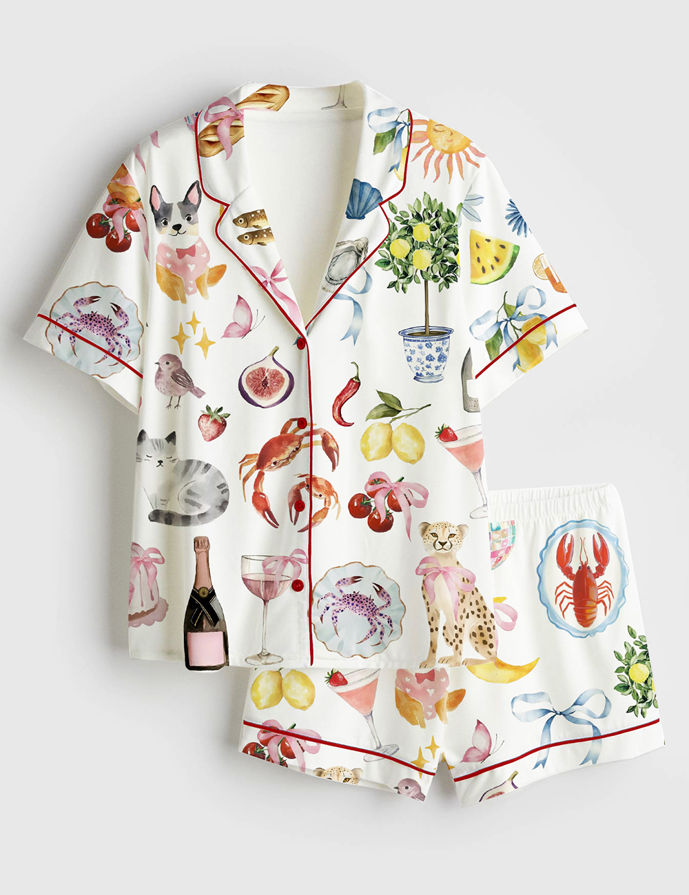 Women's Whimsical Wedding Dolce Vita Wedding Coquette Mediterranean Print Short Sleeve Satin Pajama Set