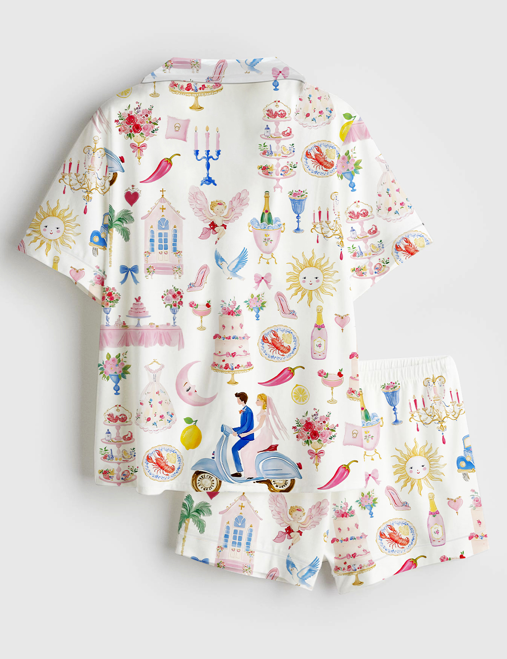 Alternative view of Women's Whimsical Wedding Pastel Bride Groom Cake Bouquet Food Short Sleeve Satin Pajama Set