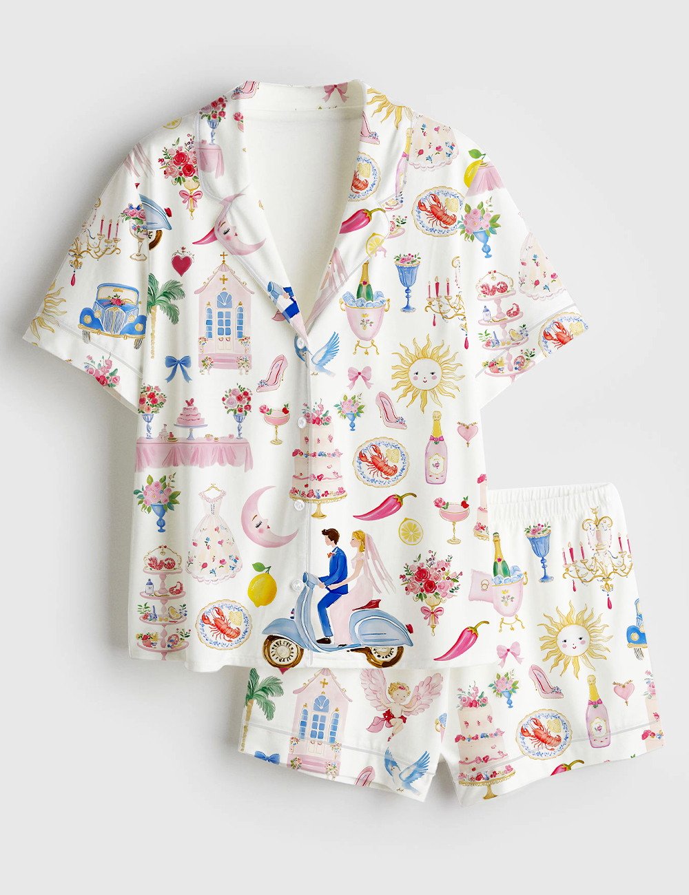 Women's Whimsical Wedding Pastel Bride Groom Cake Bouquet Food Short Sleeve Satin Pajama Set