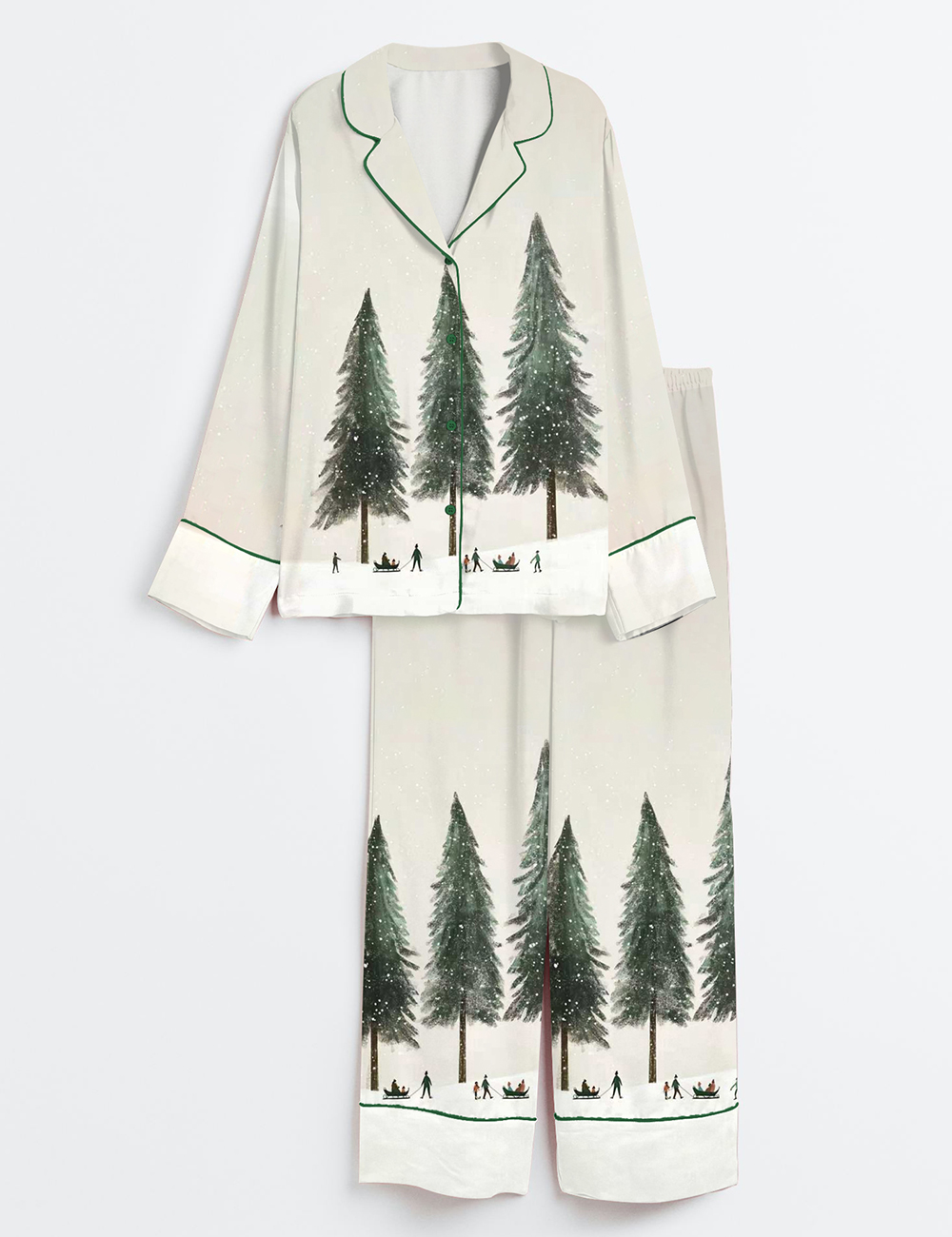 Women's Whimsy Forest Scene Winter Christmas Holiday Long Sleeve Satin Pajama Set