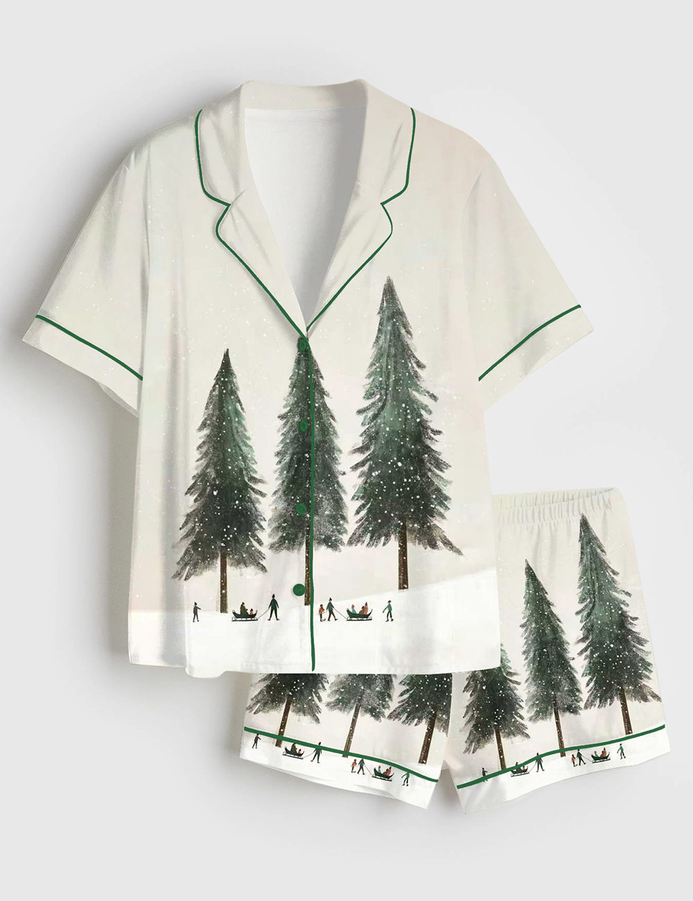Women's Whimsy Forest Scene Winter Christmas Holiday Short Sleeve Satin Pajama Set
