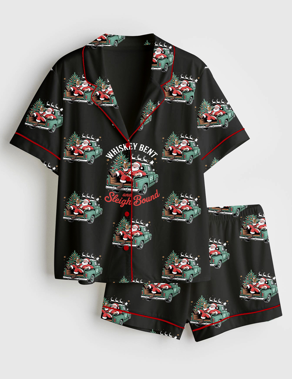Women's Whiskey Bent And Sleigh Bound Western Cowboy Christmas Santa Short Sleeve Satin Pajama Set