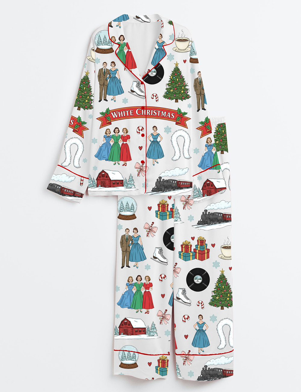 Women's White Christmas Long Sleeve Satin Pajama Set