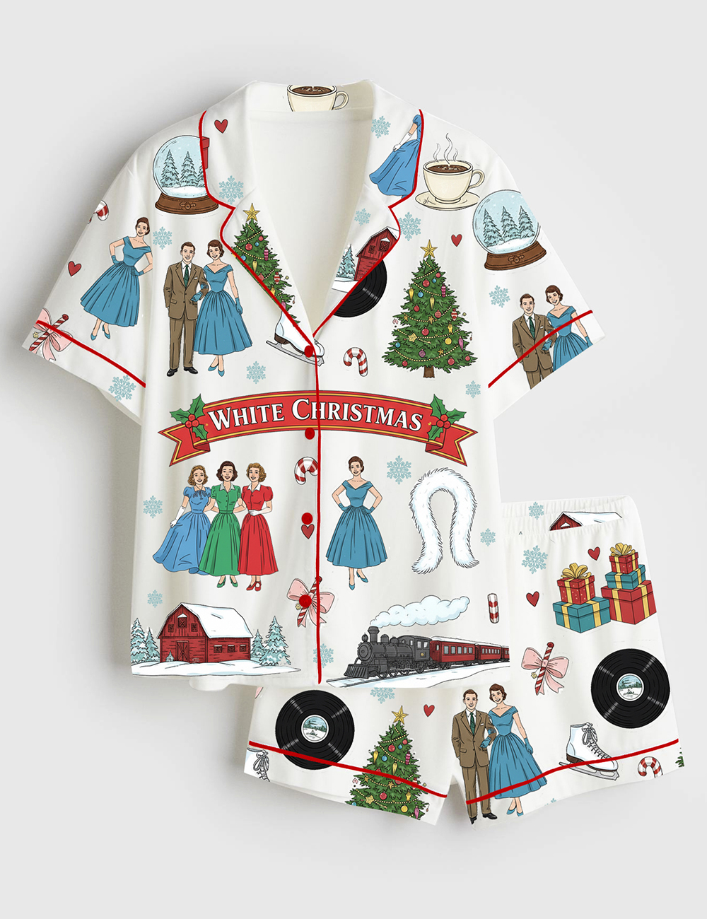 Women's White Christmas Short Sleeve Satin Pajama Set