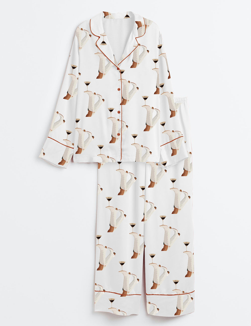 Women's White Cowgirl Espresso Martini Long Sleeve Satin Pajama Set