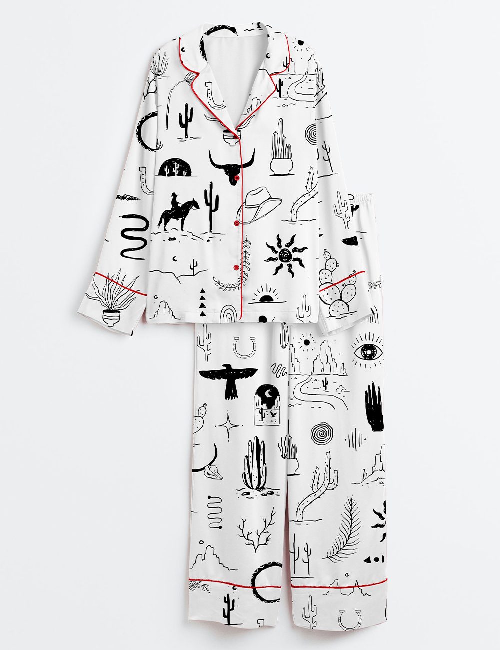 Women's Wild Western Outdoors Adventure Silhouette Cowboy Cactus Mountain Snake Hand Moon Sun Print Long Sleeve Satin Pajama Set