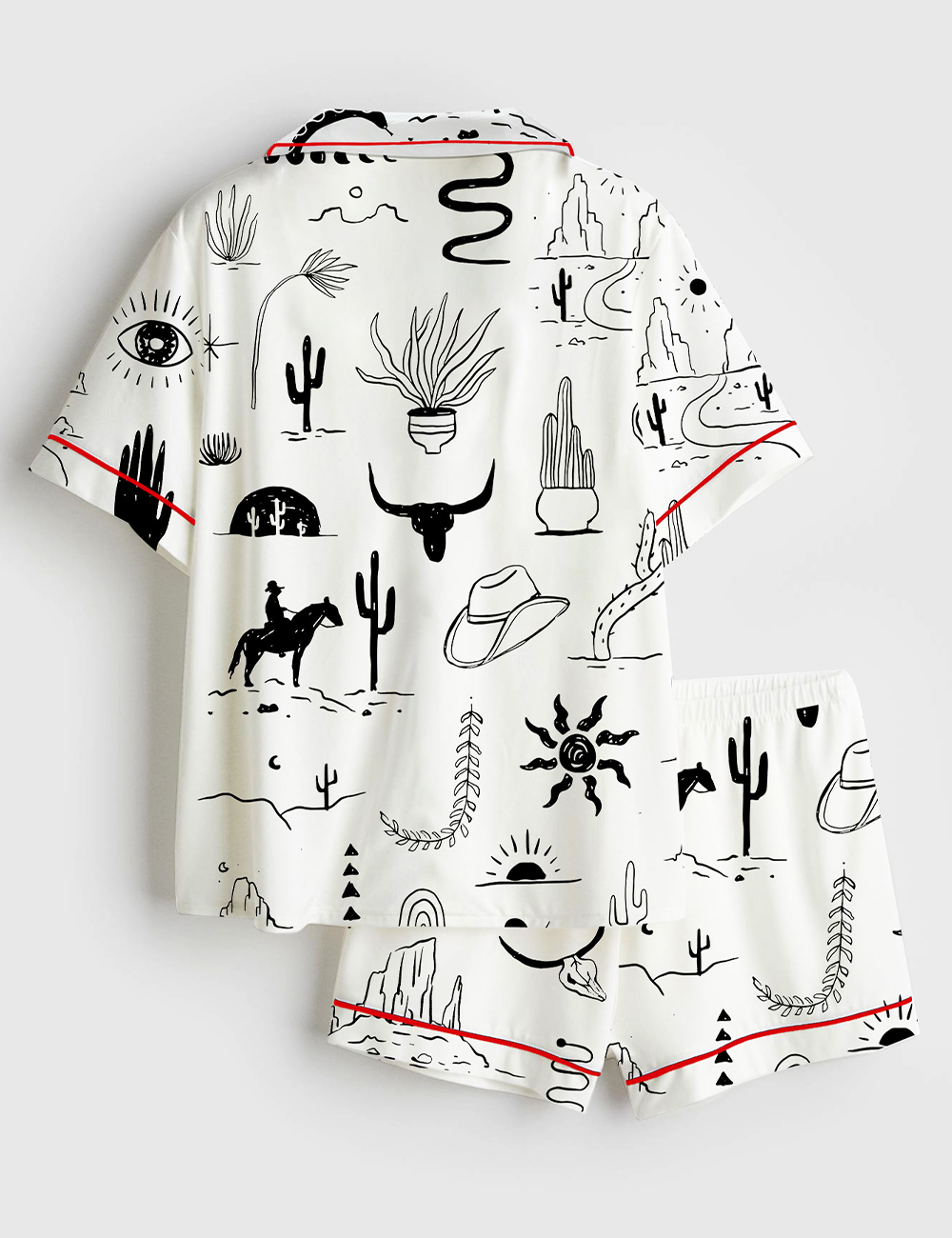 Alternative view of Women's Wild Western Outdoors Adventure Silhouette Cowboy Cactus Mountain Snake Hand Moon Sun Print Short Sleeve Satin Pajama Set