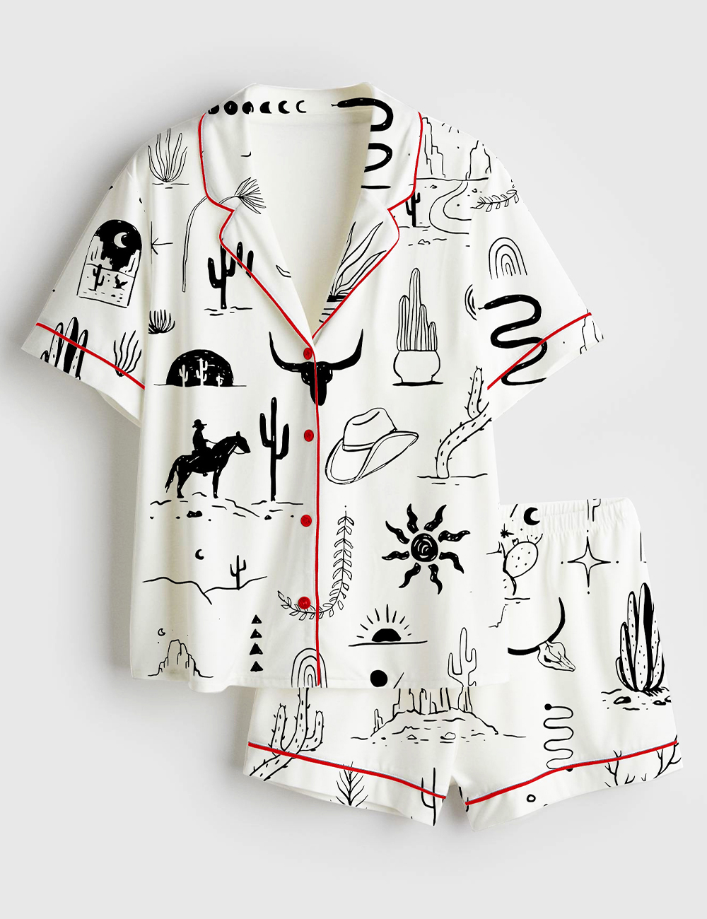 Women's Wild Western Outdoors Adventure Silhouette Cowboy Cactus Mountain Snake Hand Moon Sun Print Short Sleeve Satin Pajama Set