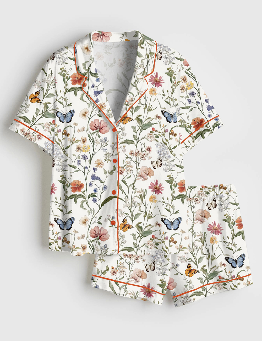 Women's Wildflower Butterfly Vintage Spring Wildflower Print Short Sleeve Satin Pajama Set