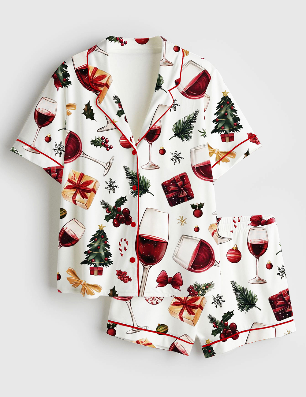 Women's Wine Glass Christmas Holiday Short Sleeve Satin Pajama Set