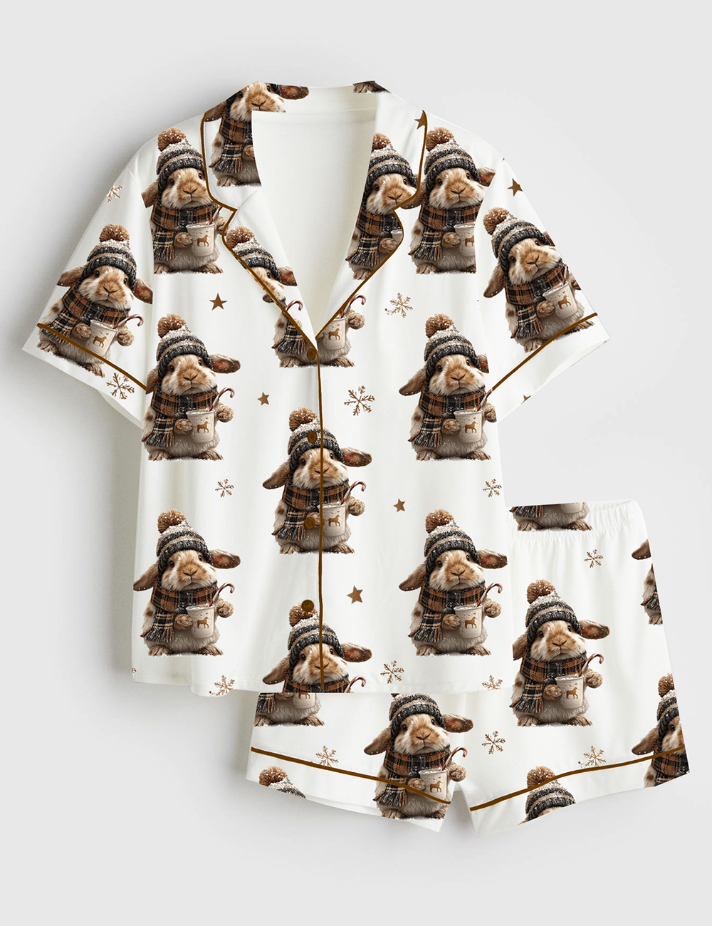 Women's Winter Bunny Christmas Cocoa Animal Lover Short Sleeve Satin Pajama Set