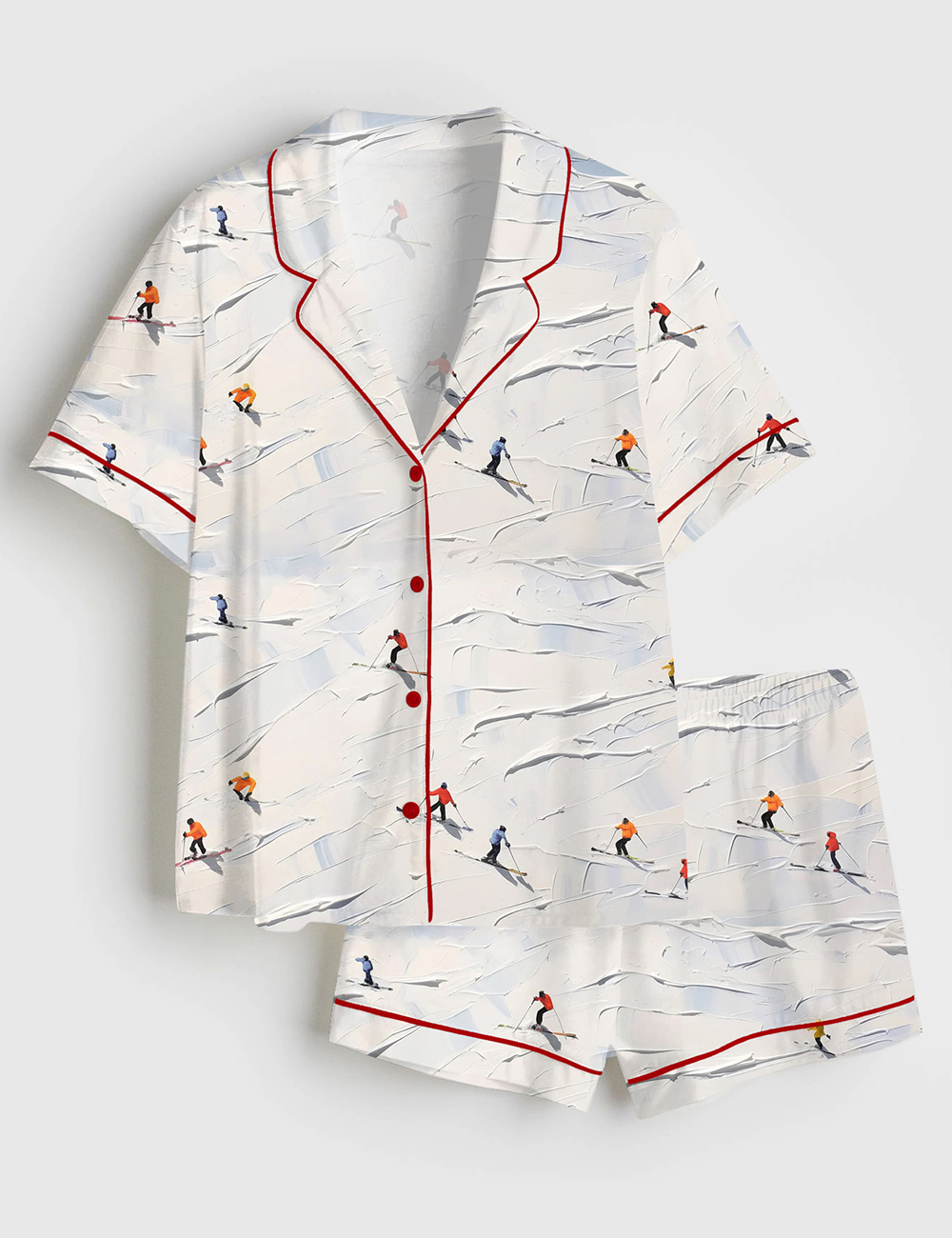Women's Winter Holiday Ski Snow Retro Skiing Print Short Sleeve Satin Pajama Set