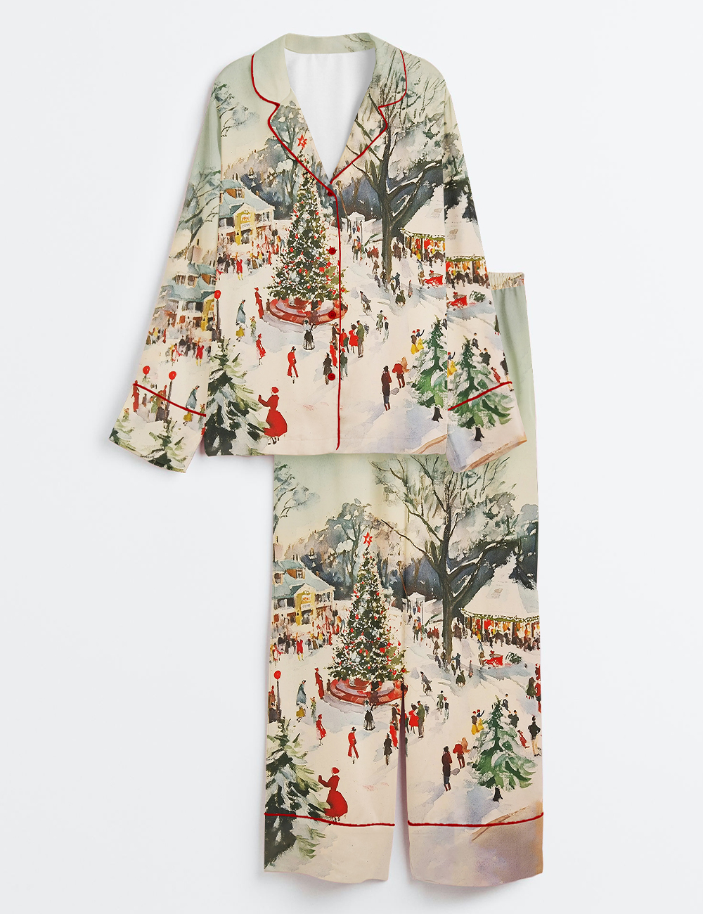 Women's Winter Town Square Art Print Festive Christmas Scene Long Sleeve Satin Pajama Set