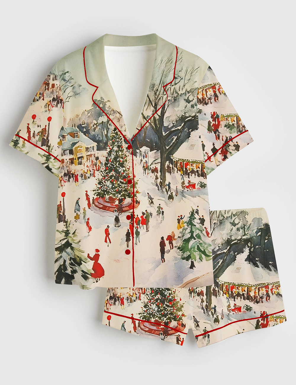 Women's Winter Town Square Art Print Festive Christmas Scene Short Sleeve Satin Pajama Set