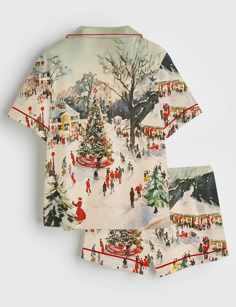 Alternative view of Women's Winter Town Square Art Print Festive Christmas Scene Short Sleeve Satin Pajama Set