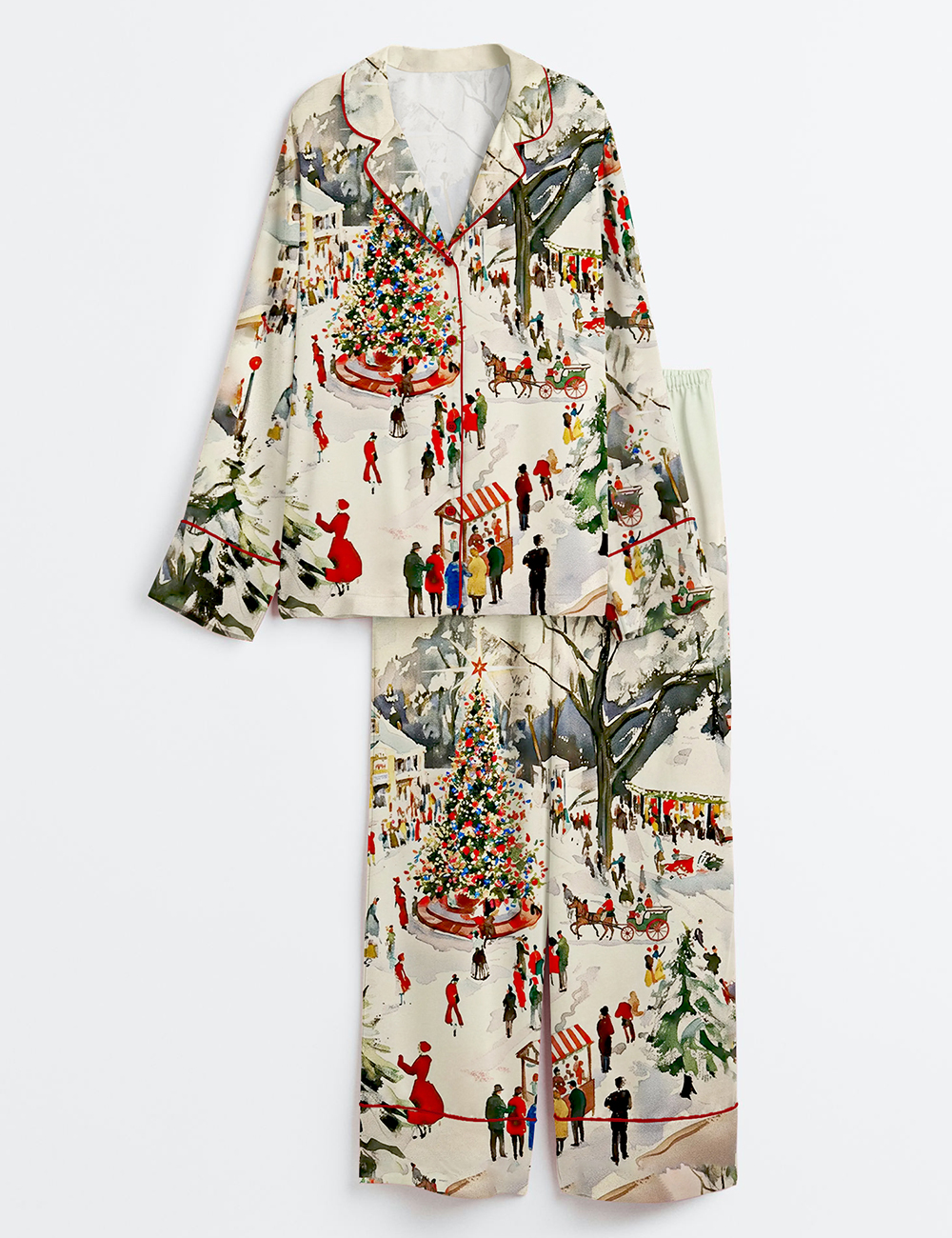 Women's Winter Town Square Festive Christmas Scene Long Sleeve Satin Pajama Set
