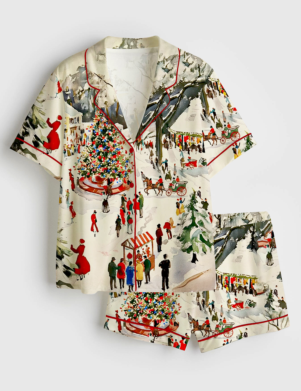 Women's Winter Town Square Festive Christmas Scene Short Sleeve Satin Pajama Set