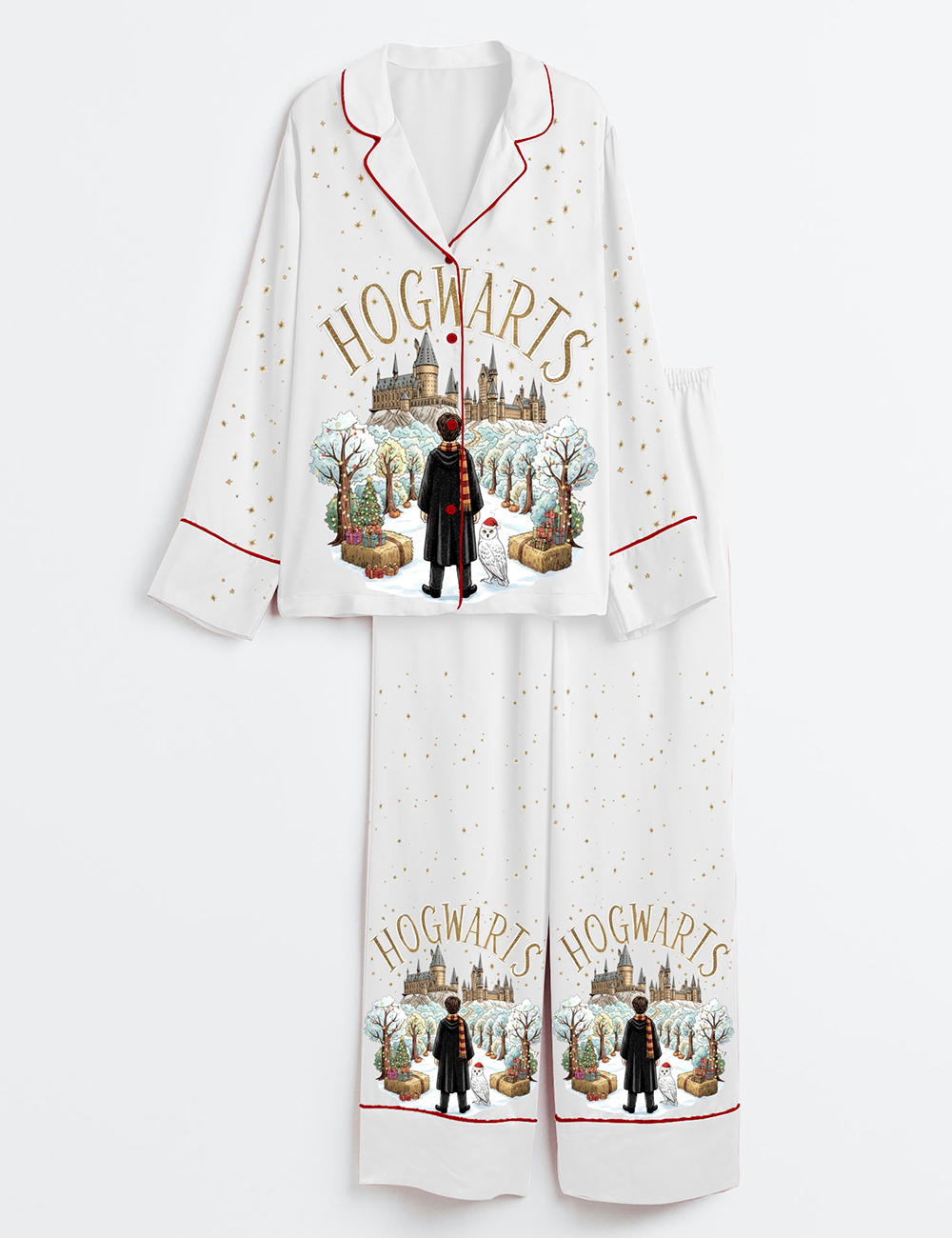 Women's Wizard School Hog Wart HP Christmas Long Sleeve Satin Pajama Set