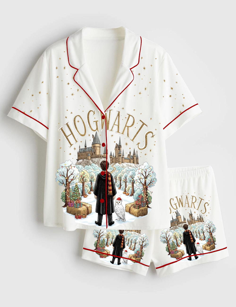 Women's Wizard School Hog Wart HP Christmas Short Sleeve Satin Pajama Set