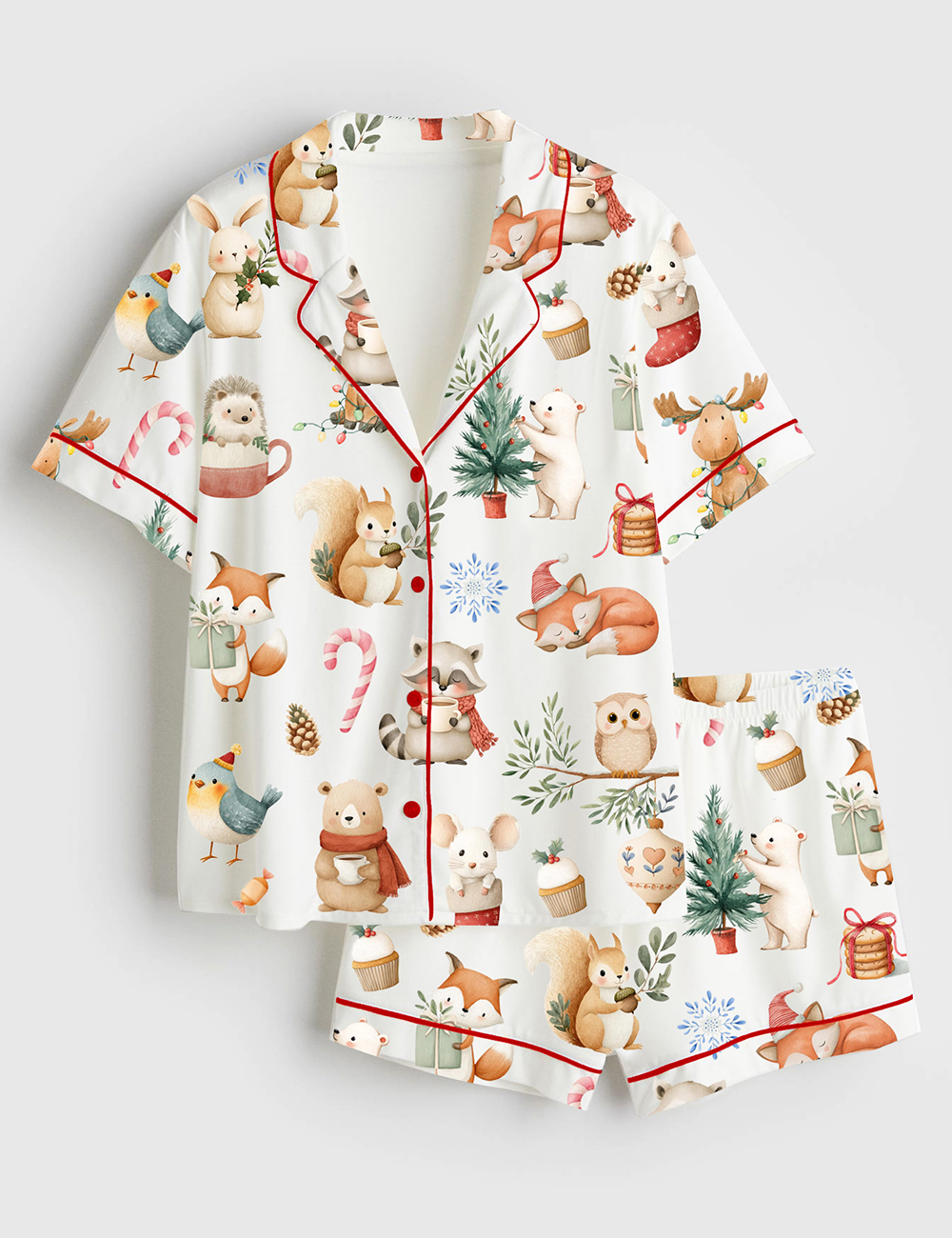 Women's Woodland Christmas Watercolor Reindeer Bear Hedgehog Holiday Animals Short Sleeve Satin Pajama Set