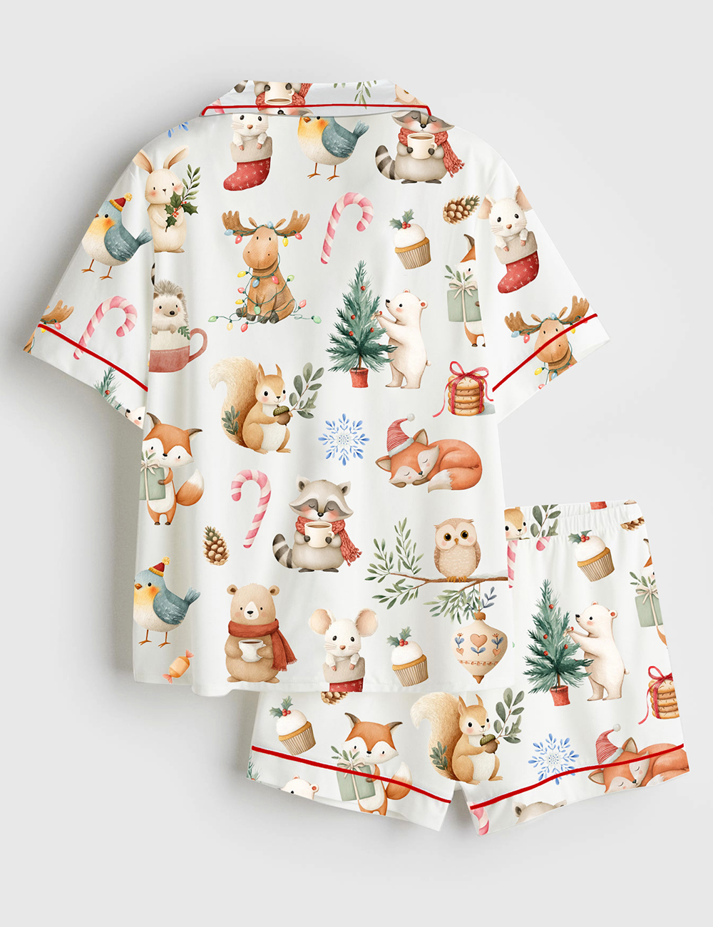 Alternative view of Women's Woodland Christmas Watercolor Reindeer Bear Hedgehog Holiday Animals Short Sleeve Satin Pajama Set