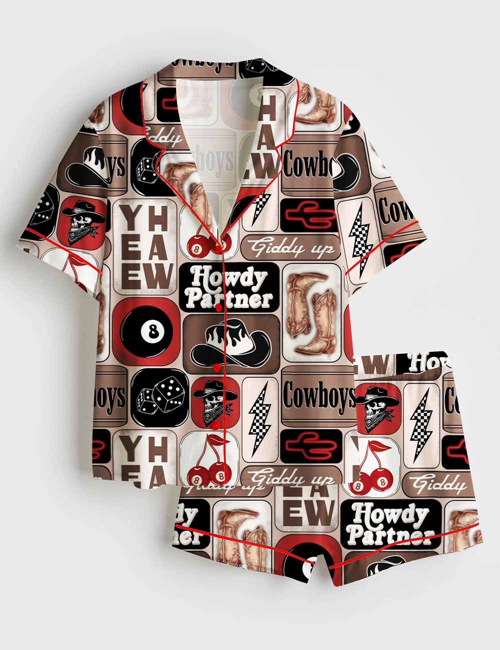 Women's Yee Haw Howdy Partner Giddy Up Western Cowboy Collage Print Short Sleeve Satin Pajama Set