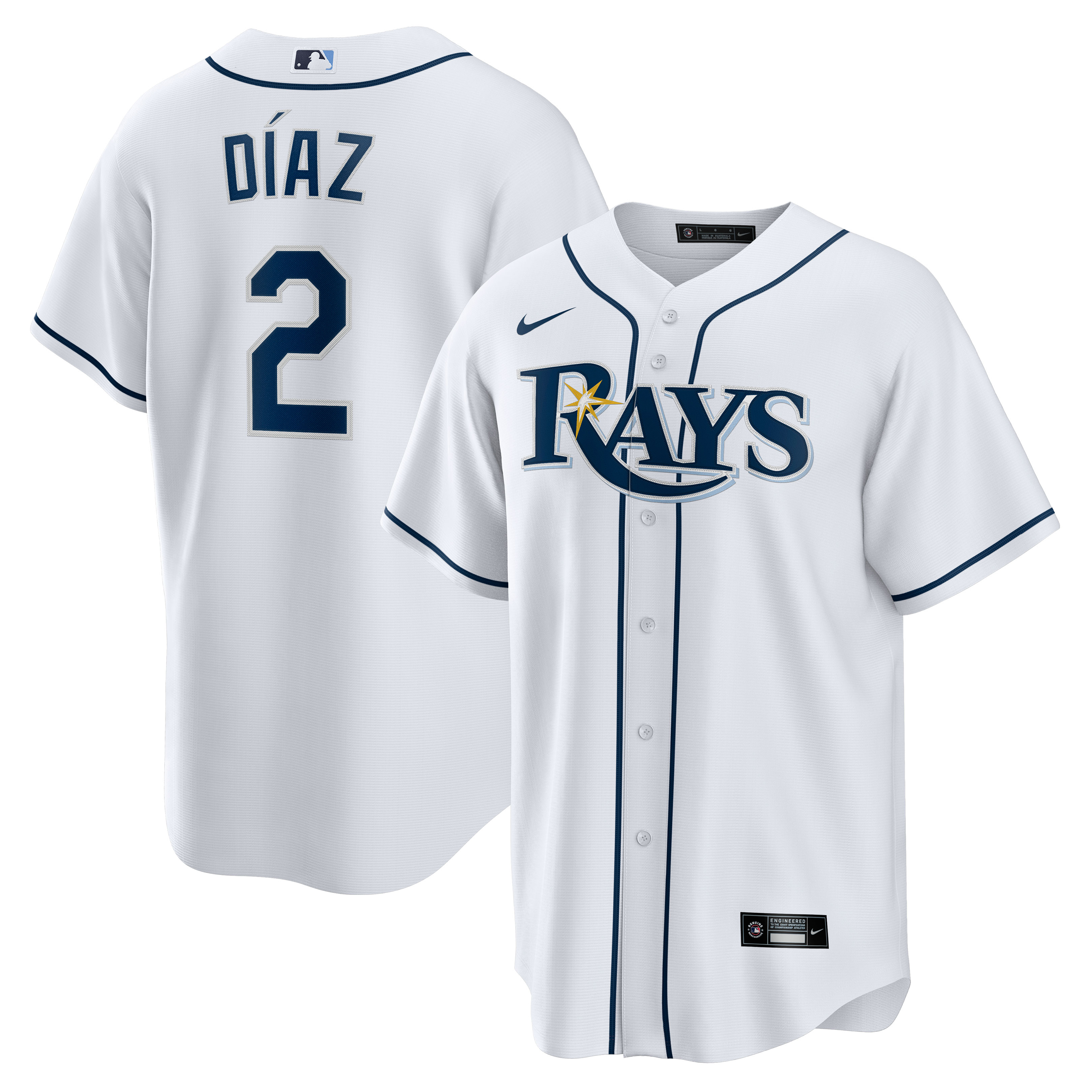 Alternative view of Yandy DÃƒÆ’Ã‚Â­az Tampa Bay Rays Home Replica Player Jersey - White