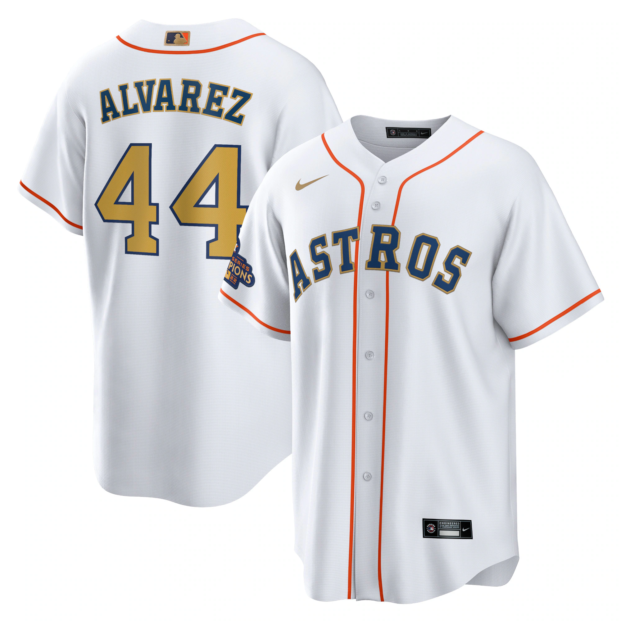 Alternative view of Yordan Alvarez Houston Astros 2023 Gold Collection Replica Player Jersey - White/gold