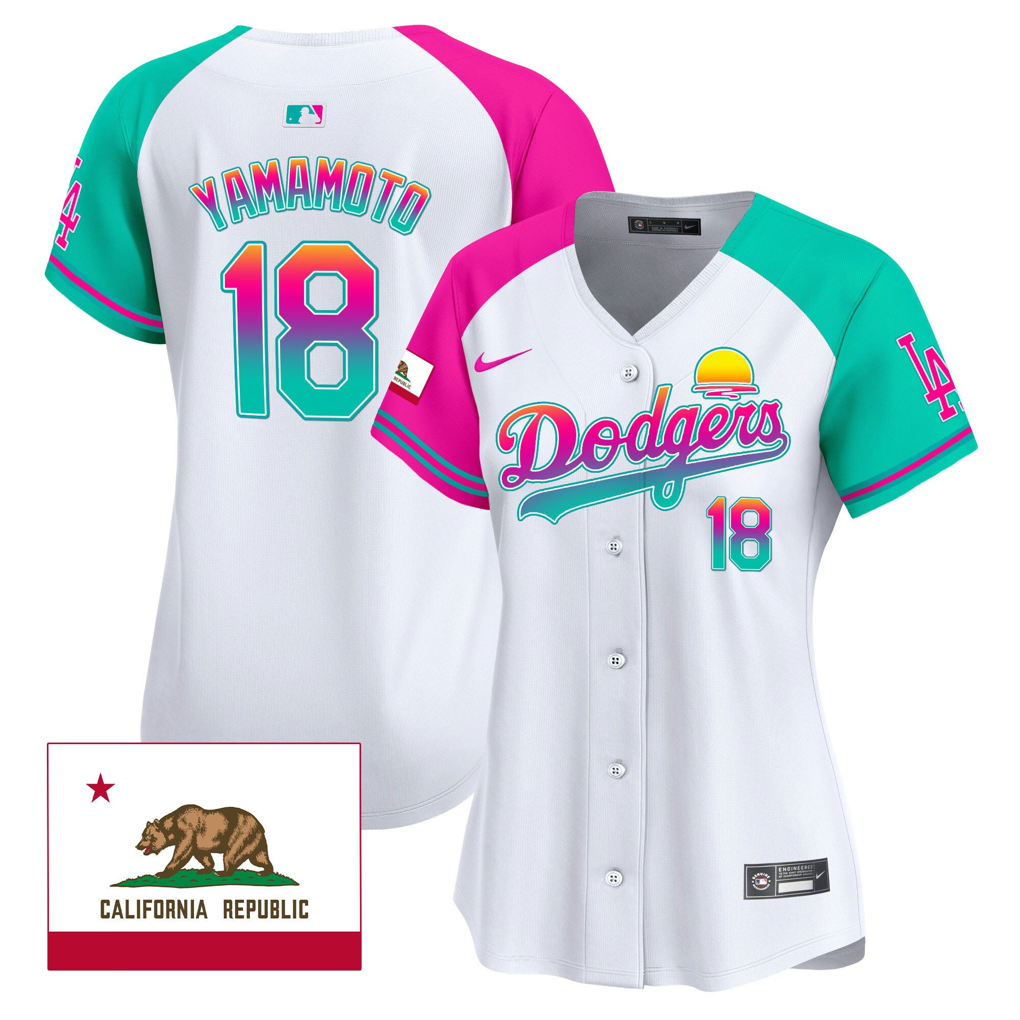 Yoshinobu Yamamoto 18 Los Angeles Dodgers 2024 Los Angeles City Style California Republic Patch Women Jersey - Alternate 