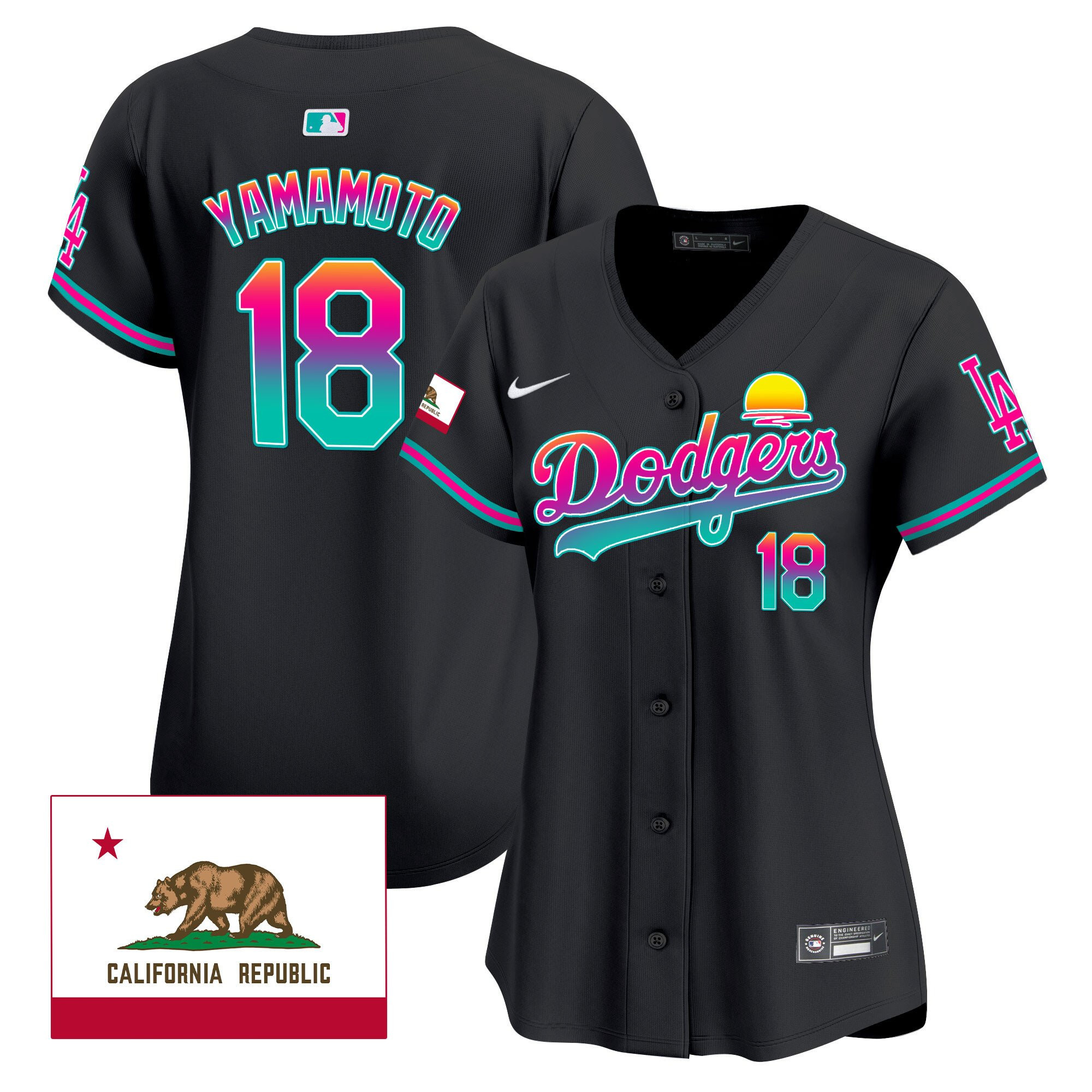 Yoshinobu Yamamoto 18 Los Angeles Dodgers 2024 Los Angeles City Style California Republic Patch Women Jersey - Black 
