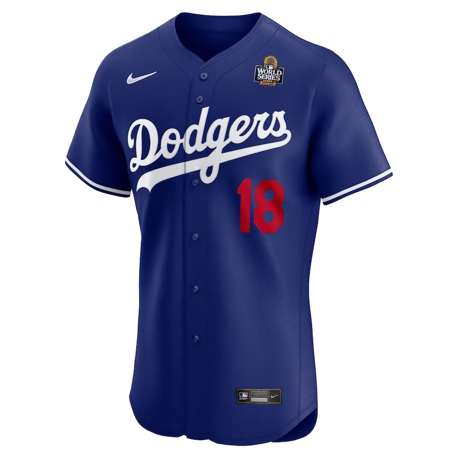 Alternative view of Yoshinobu Yamamoto 18 Los Angeles Dodgers 2024 World Series Alternate Elite Player Men Jersey - Royal 
