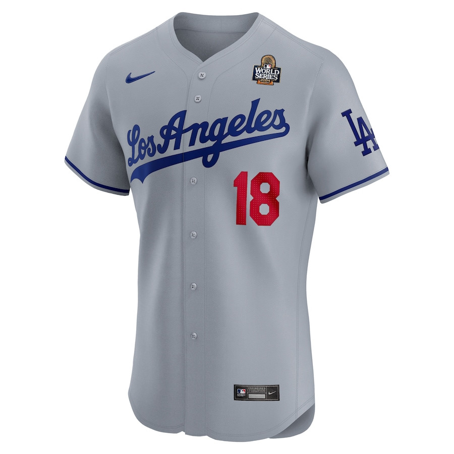 Alternative view of Yoshinobu Yamamoto 18 Los Angeles Dodgers 2024 World Series Road Elite Player Men Jersey - Gray 