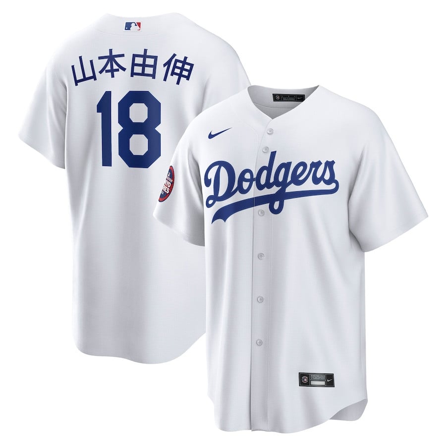 Yoshinobu Yamamoto 18 Los Angeles Dodgers 2025 MLB World Tour: Tokyo Series Home Kanji Player Men Jersey - White 