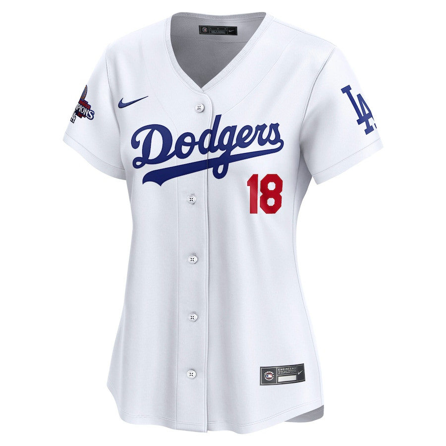 Alternative view of Yoshinobu Yamamoto 18 Los Angeles Dodgers Women's 2024 World Series Champions Japanese Characters Limited Player Jersey - White 