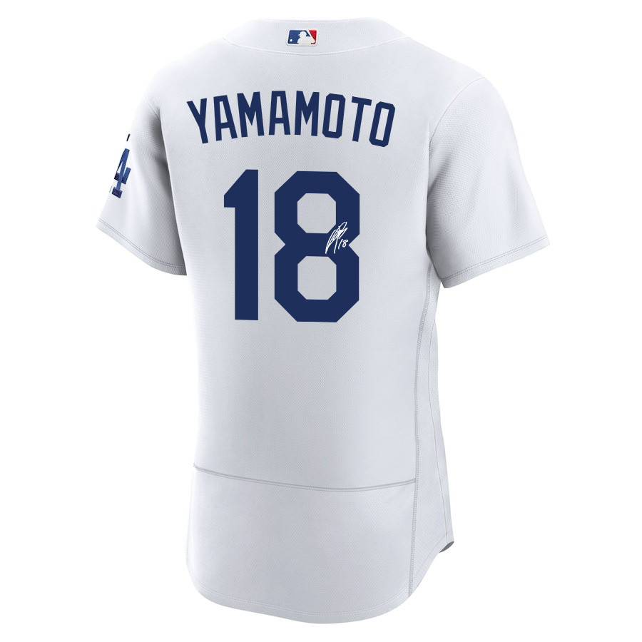 Alternative view of Yoshinobu Yamamoto 18 Signed Los Angeles Dodgers Home ELITE Men Jersey - White 