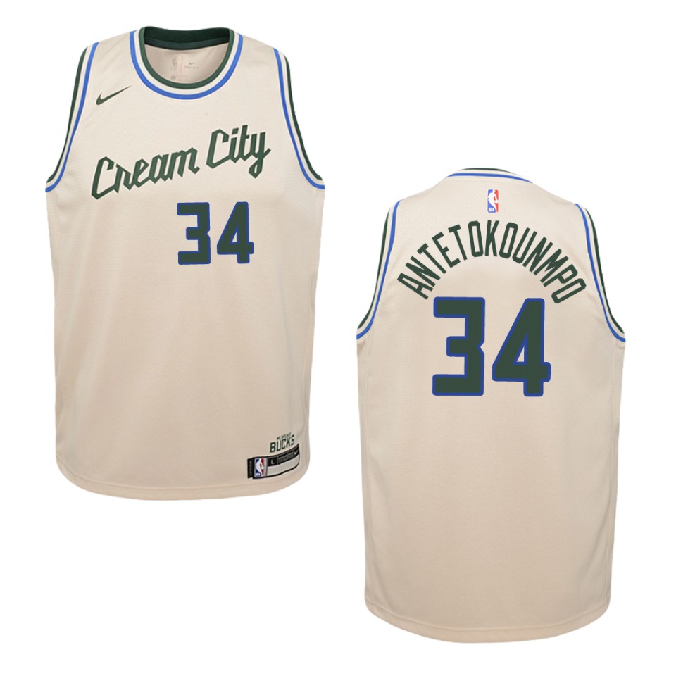 Youth 2019-20 Milwaukee Bucks #34 Giannis Antetokounmpo City Swingman Jersey - Cream