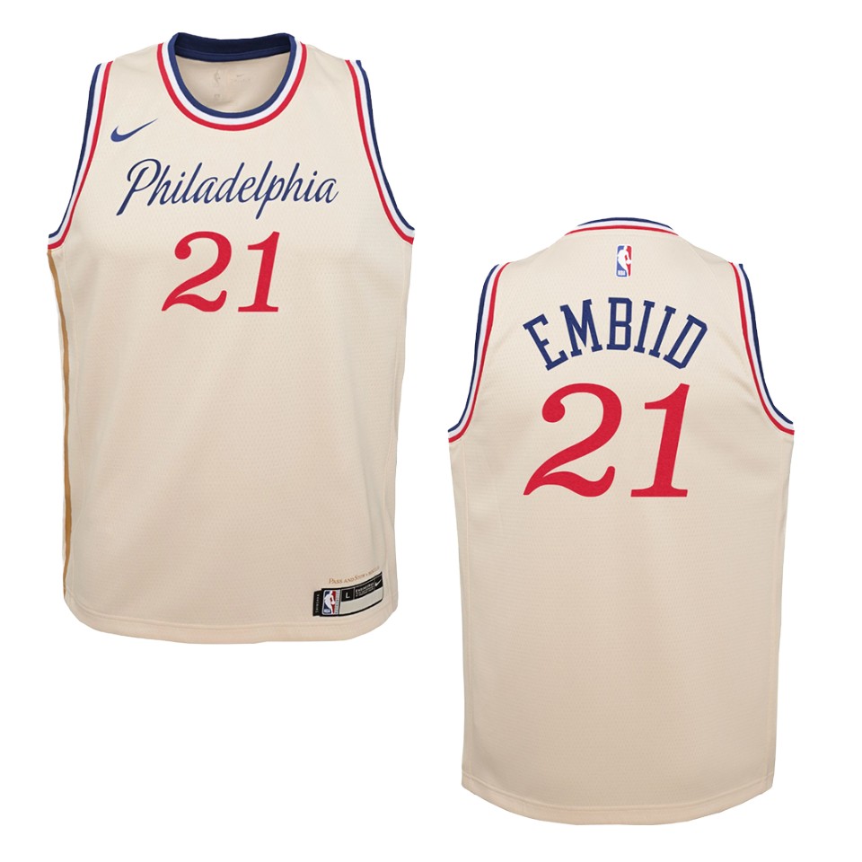 Youth 2019-20 Philadelphia 76ers #21 Joel Embiid City Swingman Jersey - Cream White