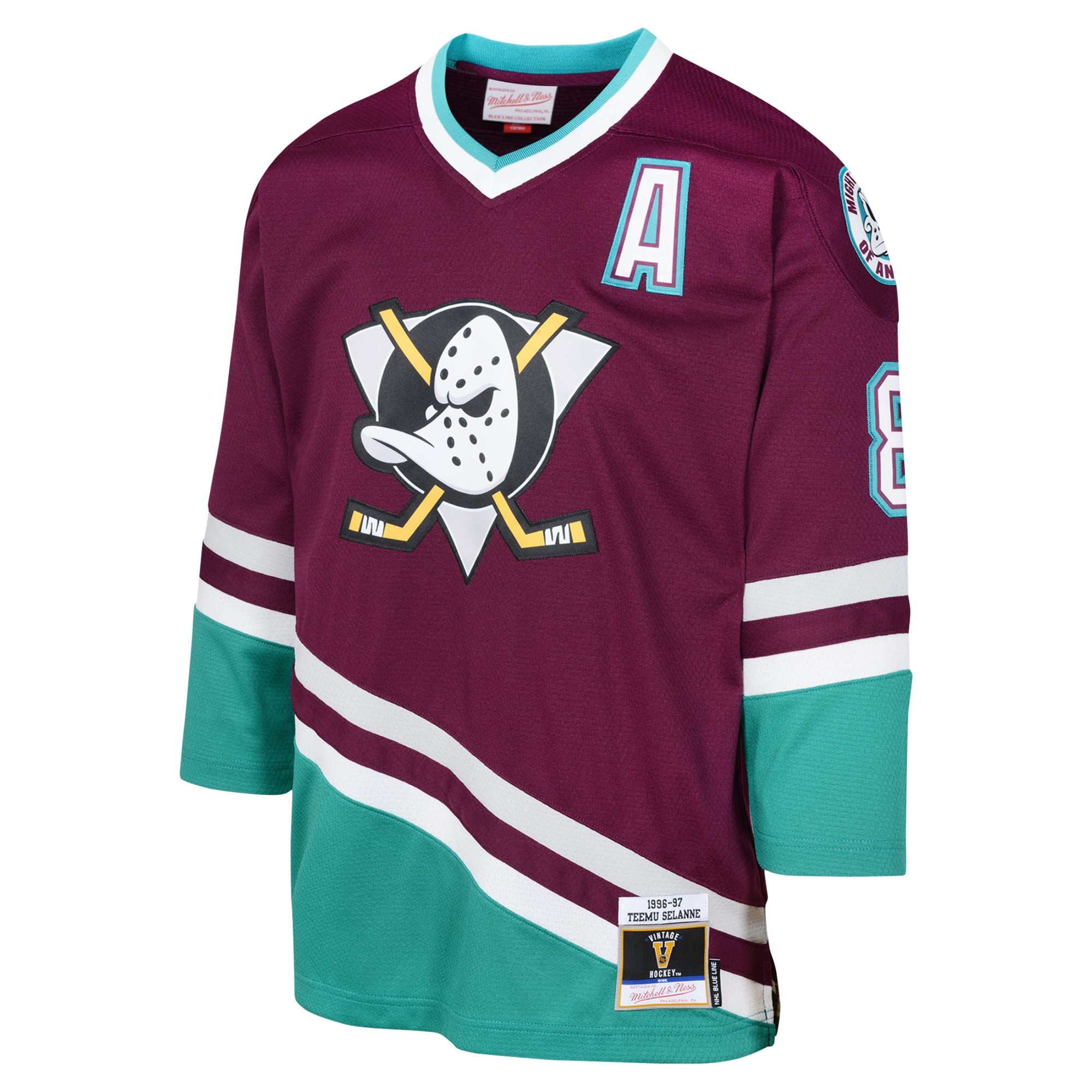 Alternative view of Youth Anaheim Ducks Teemu Selanne Mitchell & Ness Maroon 1996 Blue Line Player Jersey - JS742 